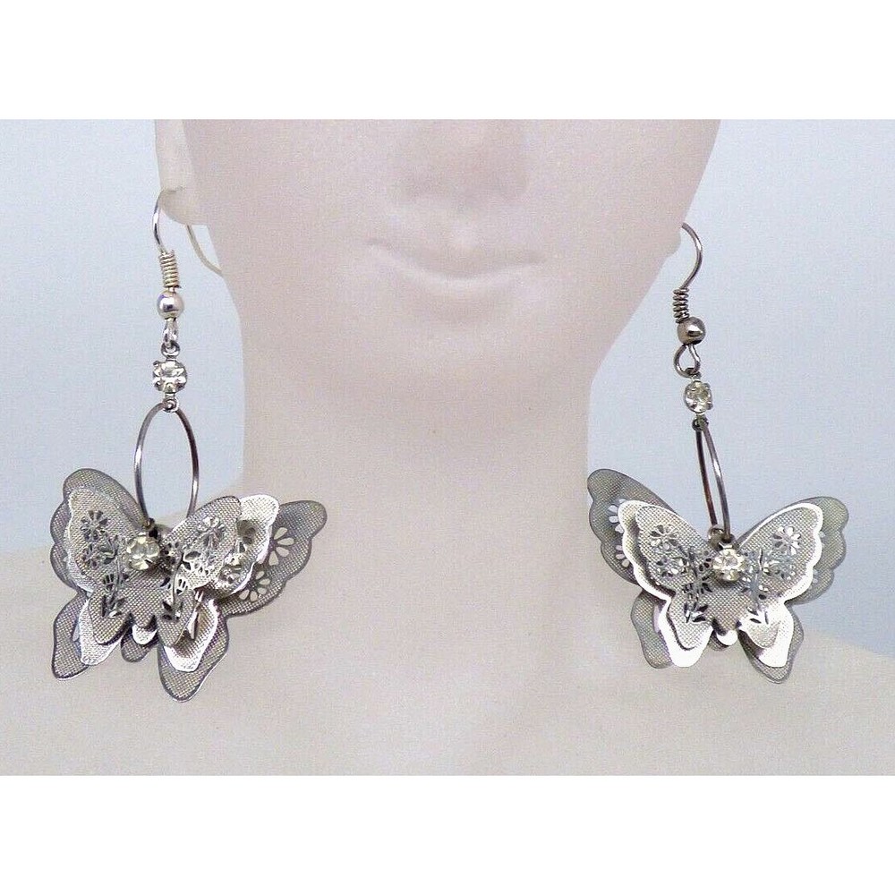 Butterfly Earrings 3D Flower Design Clear Rhinestones Silver Tone Hook Post
